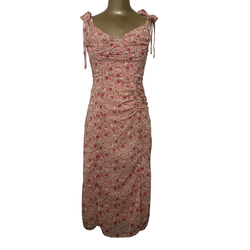 Cupshe Pink Floral Tie Shoulder Ruched Midi Dress Sweetheart‎ Neck Slit S Fairy